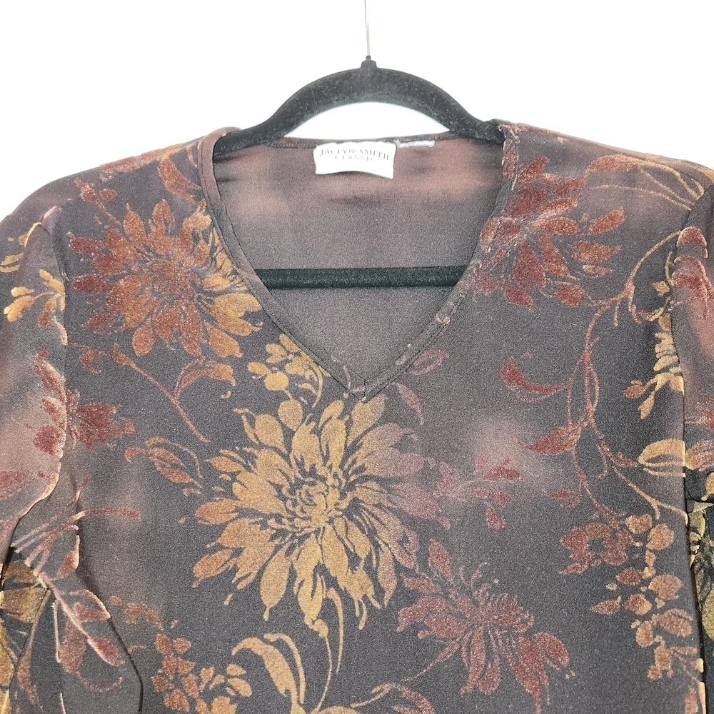Vintage Velvet Burnout Browns & Gold Floral Long Sleeve V-Neck Top Size S/M Y2K - Picture 3 of 8